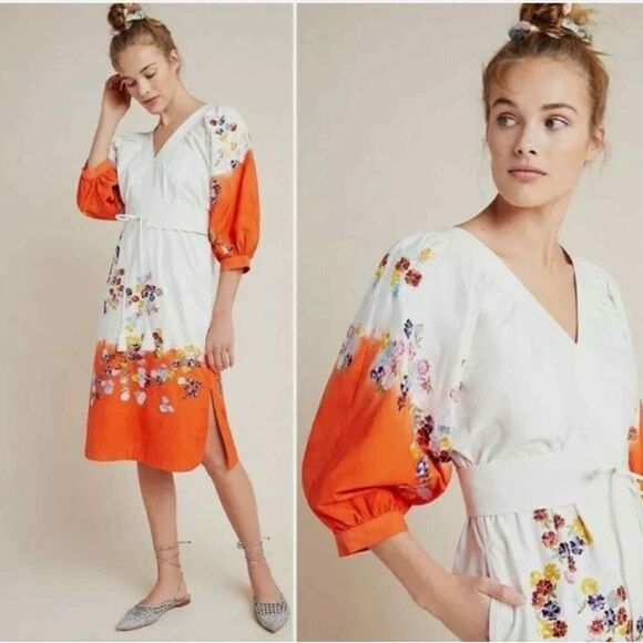 NWT ANTHROPOLOGIE CLEMENCE DIP DYED MINI DRESS sz‎ 6P 3/4 SLEEVES BOHO - Picture 1 of 8